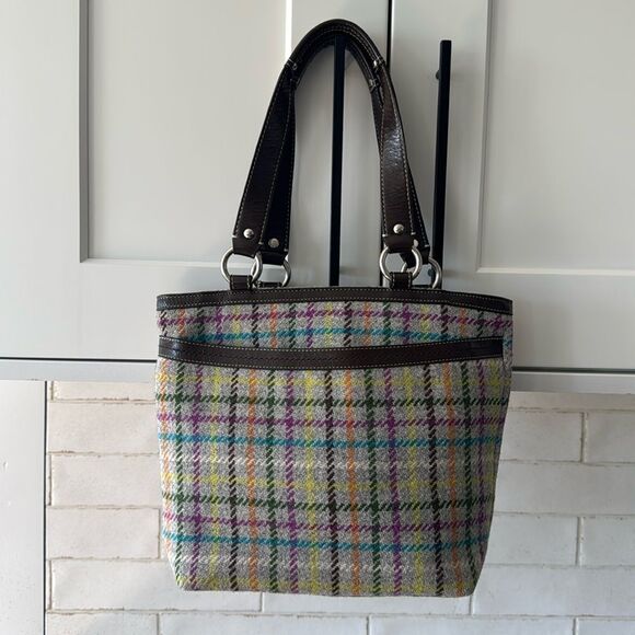 COACH Penelope Wool Tattersall Tweed Leather Trim Tote Shoulder Hand Bag Top Zip - Picture 2 of 13